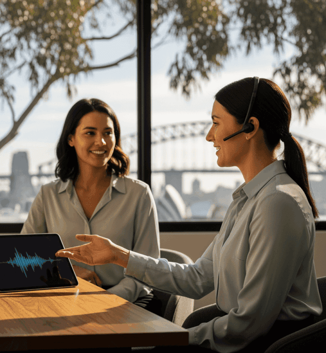 Two women engaged in a customer support conversation using AI-powered communication tools, with a tablet displaying a sound wave, in a modern office with a city view.