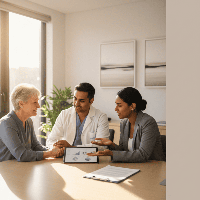 Elderly woman discussing health concerns with two healthcare professionals in a bright, modern medical clinic, emphasizing patient care and medical consultation.