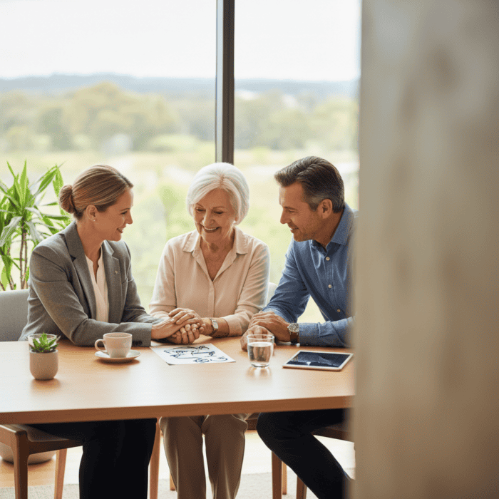 A caring elderly woman discussing health options with a professional and her family in a bright, welcoming office setting, emphasizing compassionate senior care services.