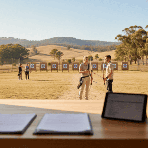 People practicing archery at an outdoor shooting range in Australia, with targets set up in a scenic rural landscape, demonstrating outdoor sports and recreational activities.