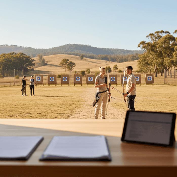 People practicing archery at an outdoor shooting range in Australia, with targets set up in a scenic rural landscape, demonstrating outdoor sports and recreational activities.