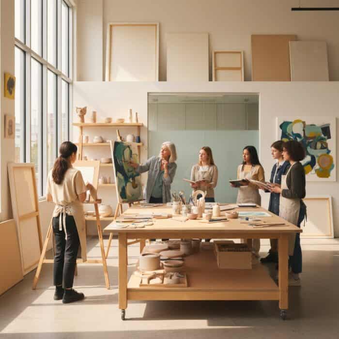 An art class with diverse students and instructor painting on canvas in a well-lit, spacious studio with art supplies and colorful artwork on the walls.