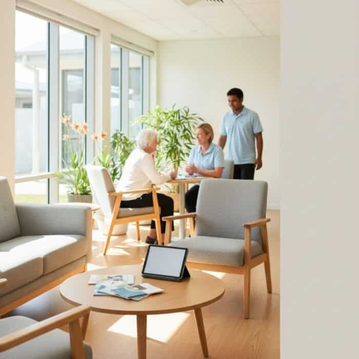 A senior woman and caregiver discussing health options with a healthcare professional in a well-lit, modern medical office with large windows and comfortable seating.