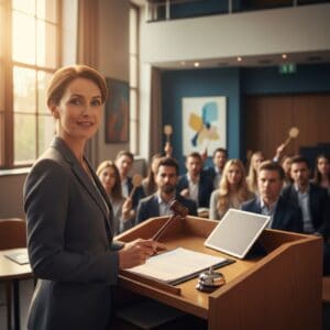 Female lawyer or judge delivering a speech at a courtroom podium with a gavel, addressing a diverse audience of legal professionals and jurors in a modern courtroom setting.
