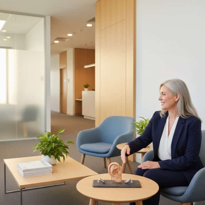 A professional woman in a modern office setting demonstrating hearing aid technology with a model ear and hearing device for optimal communication.
