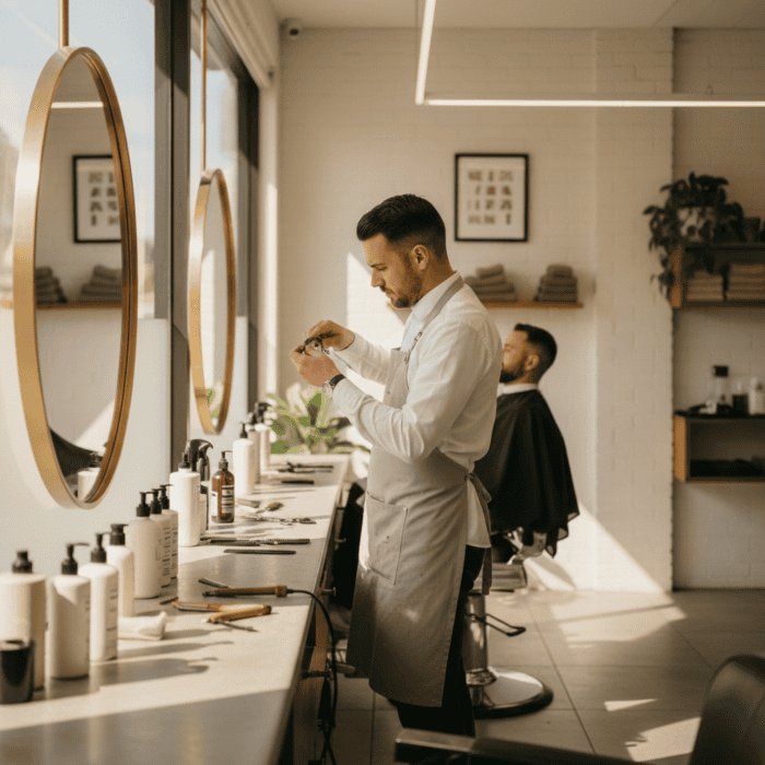 A barber preparing to shave a client in a stylish, well-lit barber shop with grooming products on the counter and a mirror, showcasing professional men's grooming services.