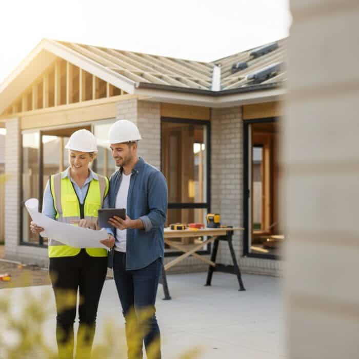 An image of two construction engineers in safety gear discussing building plans outside a new residential home under construction, highlighting innovative Australian home building solutions.