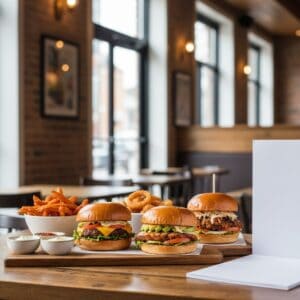 A delicious burger meal featuring fresh burgers, crispy fries, and onion rings served in a cozy cafe setting.