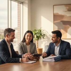 Powered communication solutions team meeting, diverse professionals discussing innovative telecommunication technology at AiDial.