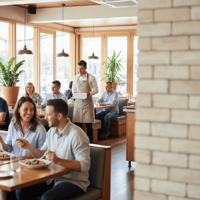A friendly waiter serving food to smiling customers in a contemporary restaurant with large windows and natural light.