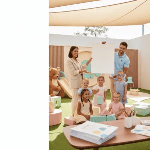A group of young children and teachers engaging in a fun outdoor learning activity with colorful toys and educational materials in a bright, modern childcare setting.