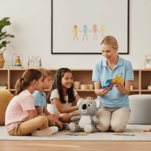 A speech therapist conducts a fun and interactive session with young children, using colorful puzzles and toys to support language development in a welcoming therapy room.