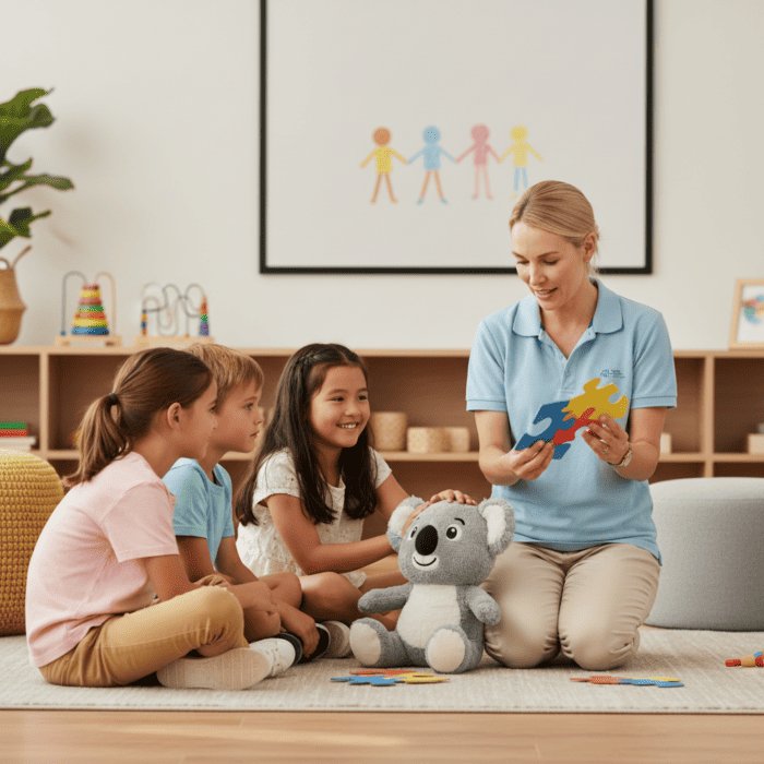 A speech therapist conducts a fun and interactive session with young children, using colorful puzzles and toys to support language development in a welcoming therapy room.