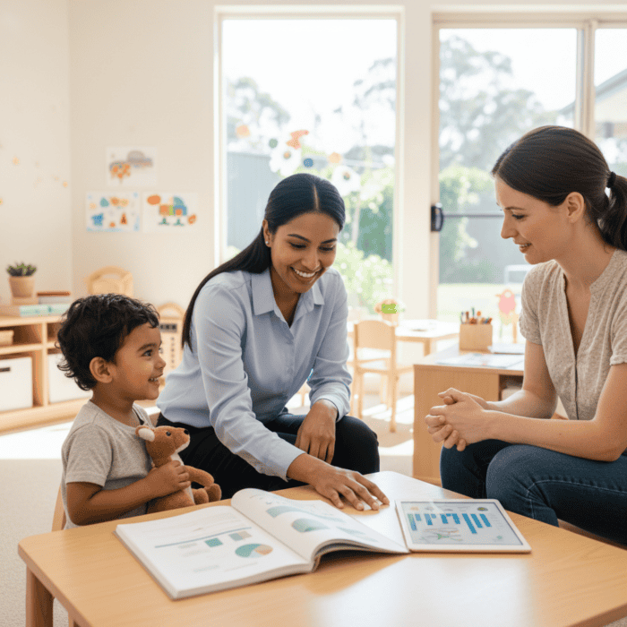 A child and two women engaging in a developmental assessment in a bright, welcoming room with educational toys and charts, promoting early childhood growth and health.