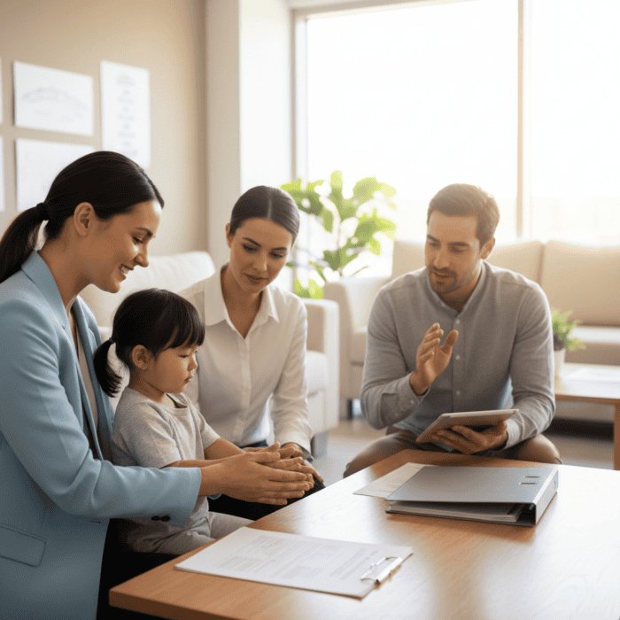 A family of four engaging with a healthcare professional during a medical consultation in a well-lit, welcoming clinic environment.