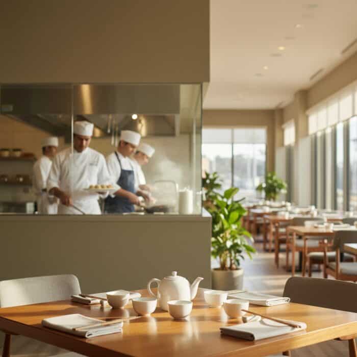 A bright, modern dining area with large windows, stylish tables, and fresh greenery, perfect for a fine dining experience.