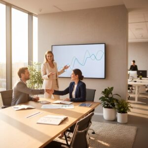 Business professionals shaking hands during a meeting in a modern office with a large screen displaying data graphs.