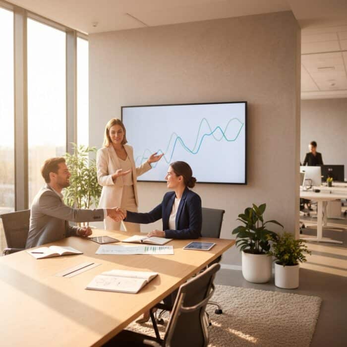 Business professionals shaking hands during a meeting in a modern office with a large screen displaying data graphs.