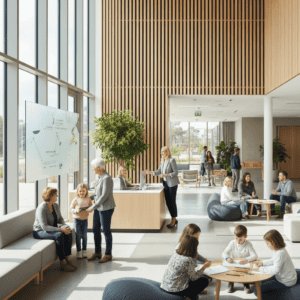 Group of people sitting around a table in a room
