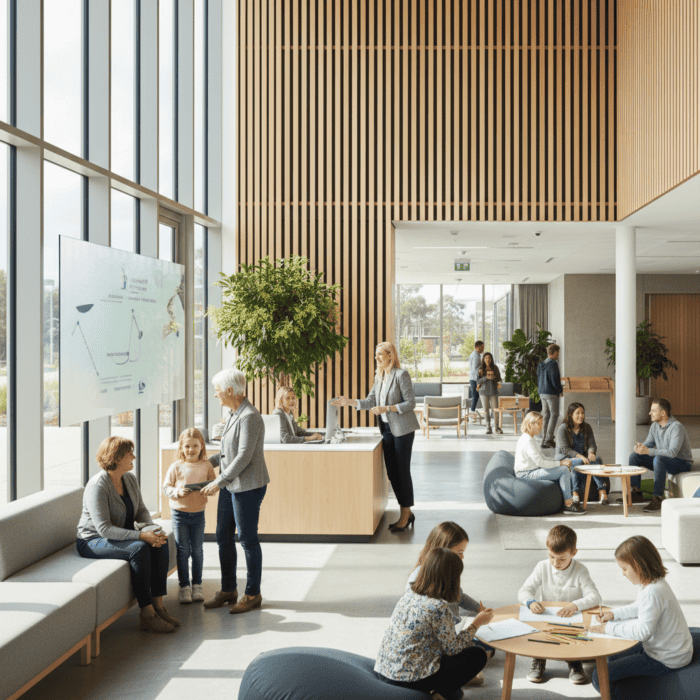 Group of people sitting around a table in a room