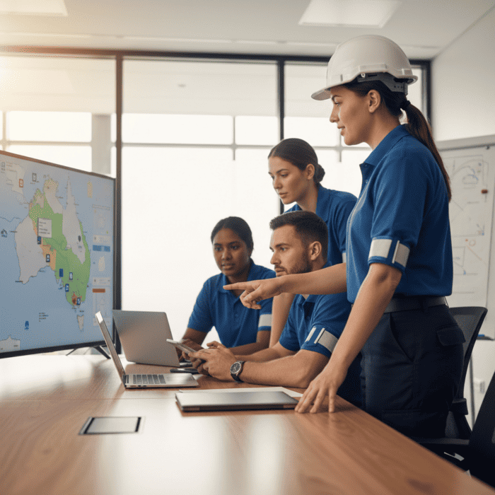 Emergency response team members collaborating on disaster management strategies using laptops and large screens in a modern control room.