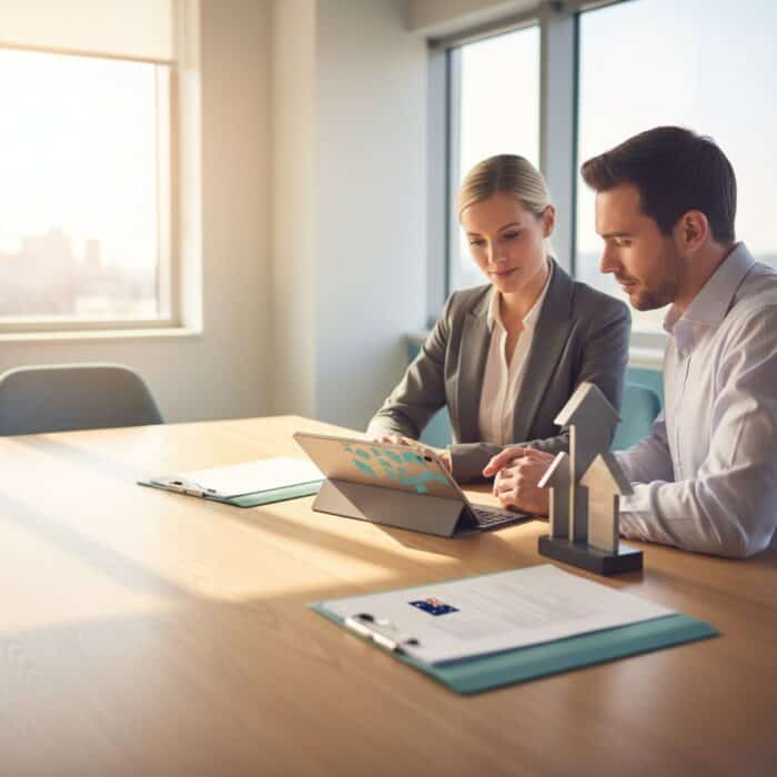 Business professionals using digital devices during a meeting in a modern office, highlighting AI-powered communication solutions and technology integration for business growth.
