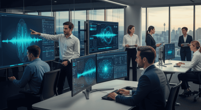Modern call center with agents and advanced AI-driven communication technology, featuring multiple monitors displaying data and analytics in a professional office environment.