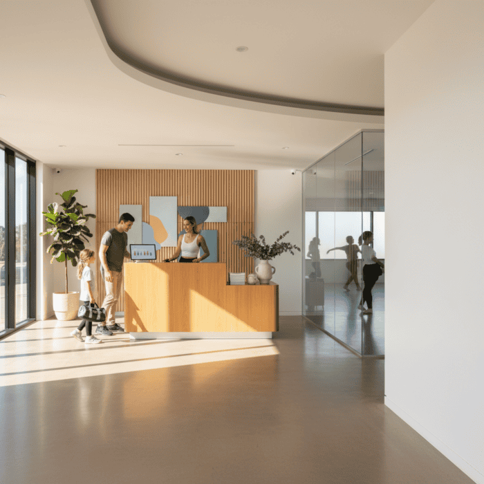 A modern office reception with staff helping clients, featuring natural light, contemporary decor, and a welcoming atmosphere.