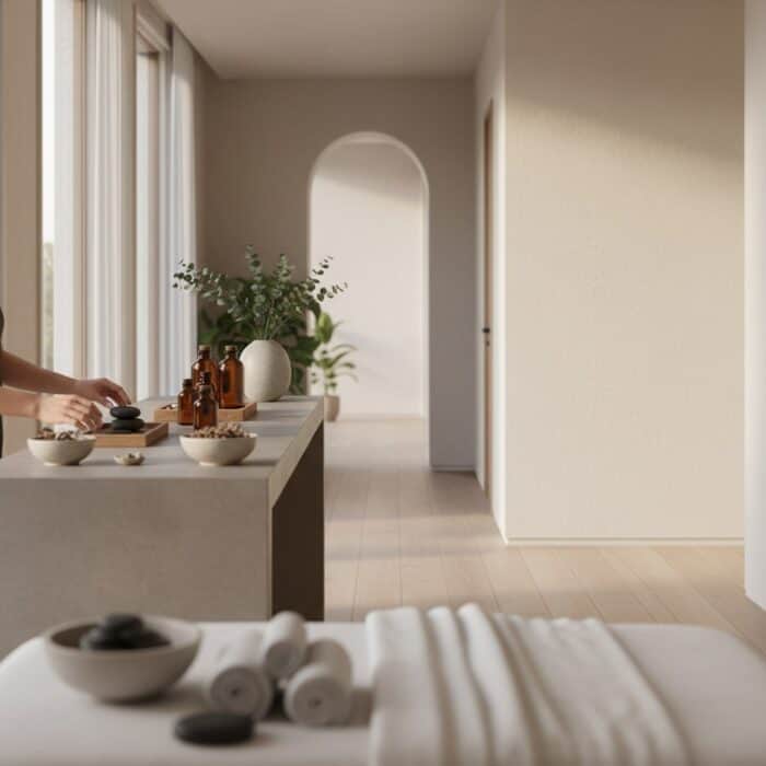 A serene spa room featuring neatly rolled towels, essential oils, and a calming ambiance, ideal for relaxation and wellness treatments.