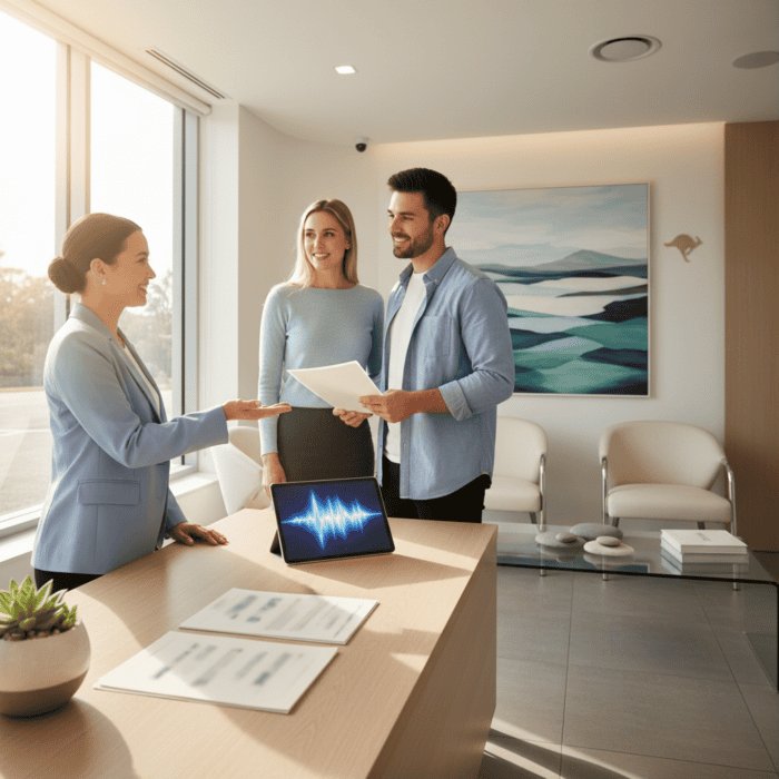 Business professionals engaging in a customer service discussion in a bright, modern office with a digital tablet displaying a sound wave, emphasizing AI-powered communication solutions.