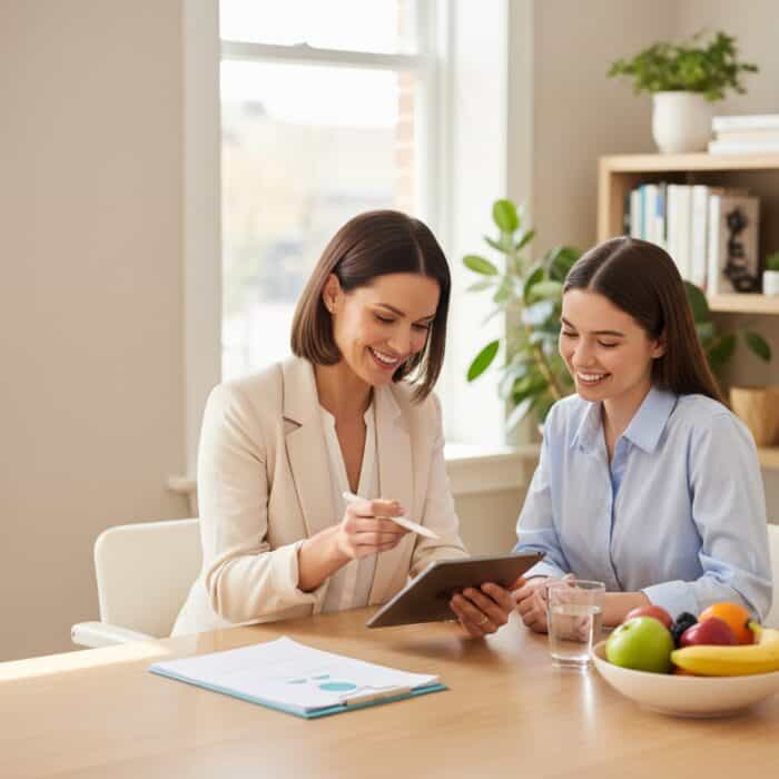 Two women working together at a desk, discussing customer support solutions with a tablet, representing AI Dial's innovative communication technology for businesses.