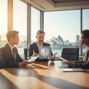 A professional business meeting with diverse professionals discussing strategies in a bright, modern office with large windows and Sydney Opera House in the background.