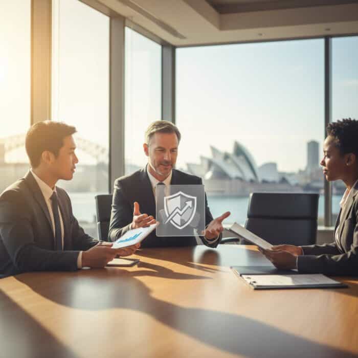 A professional business meeting with diverse professionals discussing strategies in a bright, modern office with large windows and Sydney Opera House in the background.