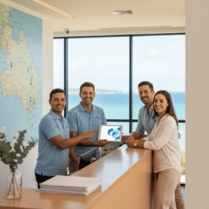 A group of four diverse professionals, two men and two women, engaged in a discussion about data analysis and digital solutions at a bright, modern office overlooking the ocean, emphasizing teamwork a.