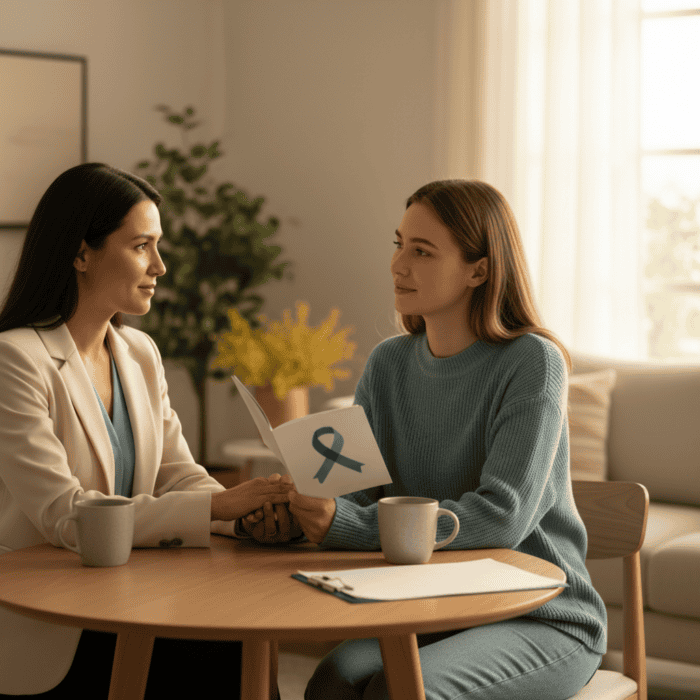 Two women having a supportive conversation at a table, one holding a booklet with a teal awareness ribbon, representing mental health support and awareness.