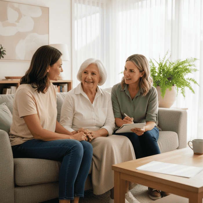 A family consultation session with a therapist, featuring a young woman, an elderly woman, and a counselor discussing health and wellness in a cozy, well-lit living room.