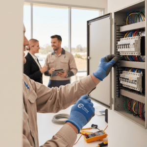 Technician inspecting electrical panel with circuit breakers and wiring, ensuring proper installation and maintenance in a professional industrial environment.