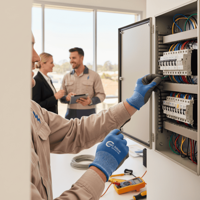 Technician inspecting electrical panel with circuit breakers and wiring, ensuring proper installation and maintenance in a professional industrial environment.