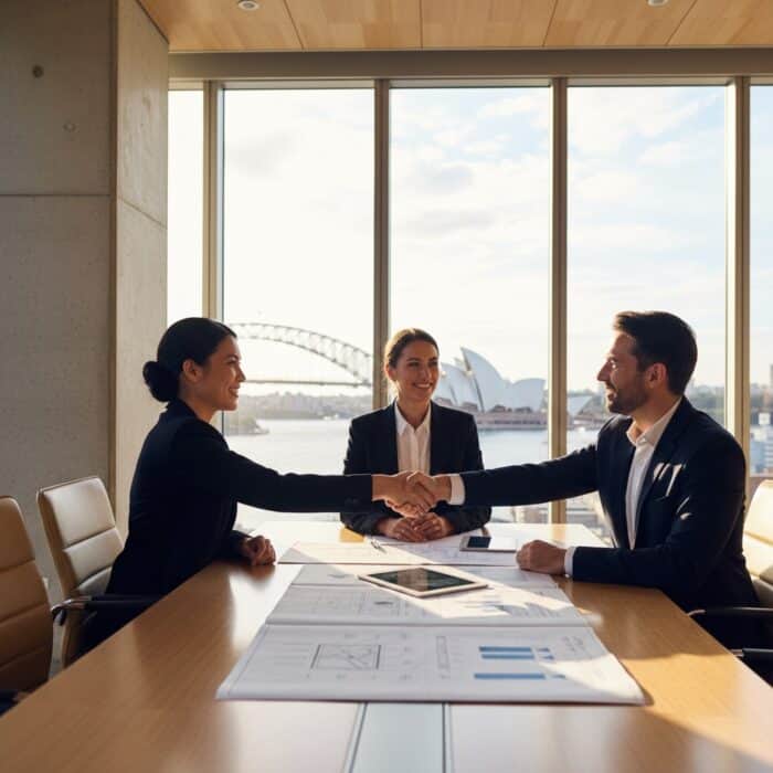 Professional business meeting in Sydney office with iconic Harbour Bridge and Opera House in the background, showcasing corporate collaboration and success.