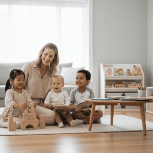 Happy teacher with diverse children engaging in educational play in a bright, modern classroom setting, promoting early childhood development and learning through fun activities.