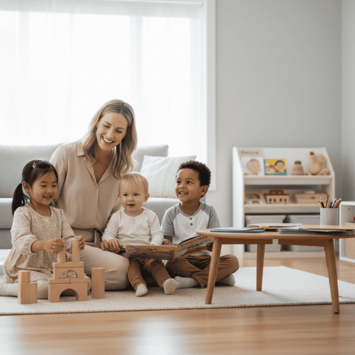 Happy teacher with diverse children engaging in educational play in a bright, modern classroom setting, promoting early childhood development and learning through fun activities.
