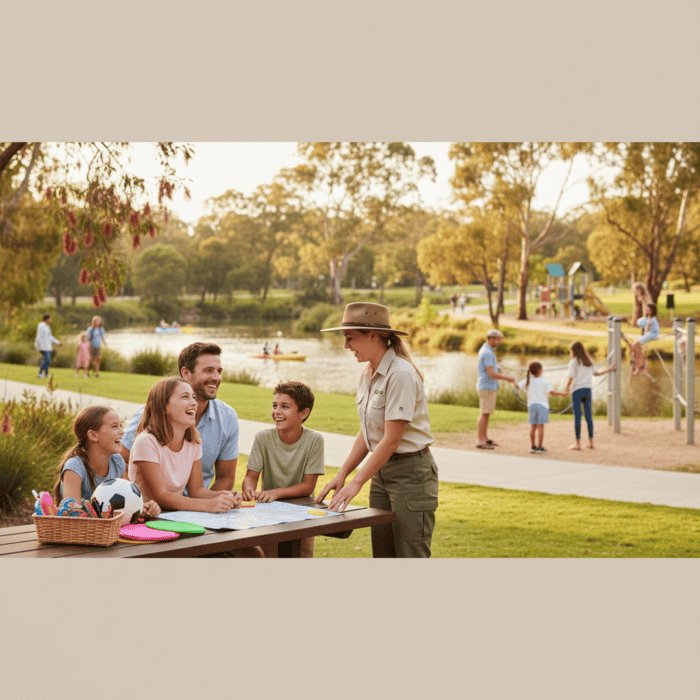 Family enjoying outdoor activities at a park with a lake in the background, sunny weather, children playing, and a park ranger talking to a family.