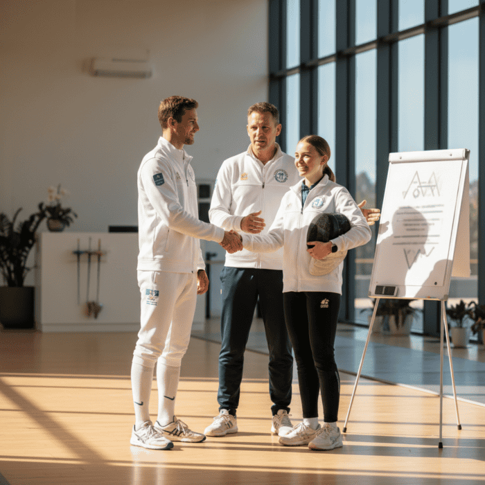 Group of fitness trainers discussing workout techniques with a young woman holding a medicine ball in a bright, modern gym with large windows and training equipment.