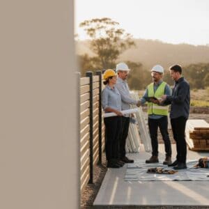 Construction professionals wearing safety helmets and vests discussing plans at an outdoor building site, with tools and materials around.