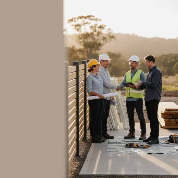 Construction professionals wearing safety helmets and vests discussing plans at an outdoor building site, with tools and materials around.