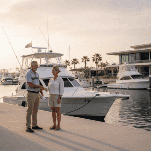 Two people shaking hands on a yacht marina dock at sunset, with luxury boats and modern waterfront buildings in the background, highlighting leisure and maritime lifestyle.