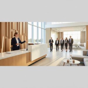 Modern office reception area with professionally dressed businesspeople, large windows, and contemporary decor, showcasing a professional corporate setting for client meetings and greetings.