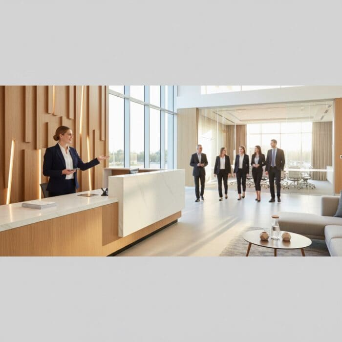 Modern office reception area with professionally dressed businesspeople, large windows, and contemporary decor, showcasing a professional corporate setting for client meetings and greetings.