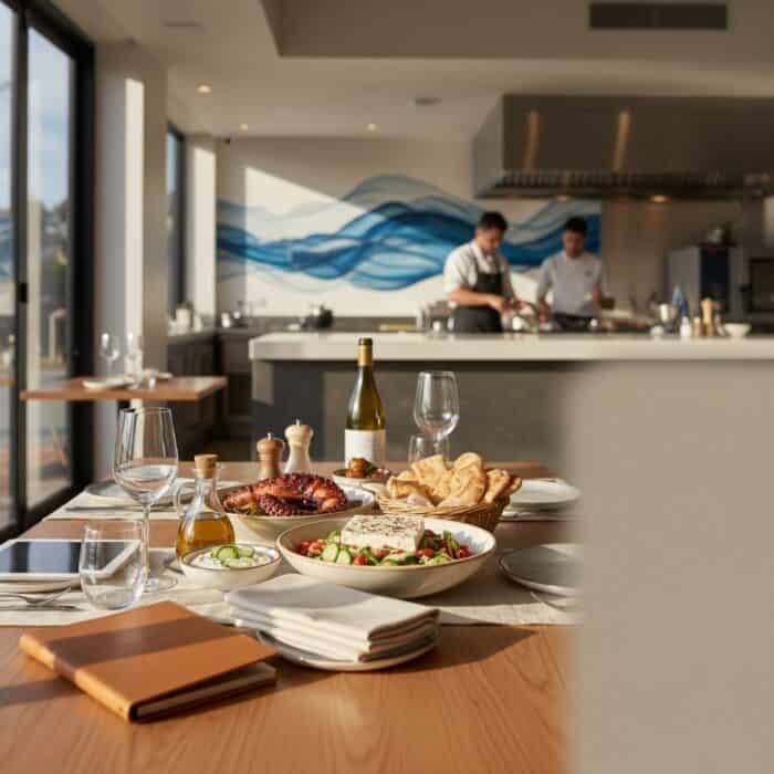 Elegant dinner setting with wine, salads, and bread on a wooden table in a contemporary restaurant kitchen.
