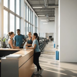 Group of diverse young professionals engaging in a friendly conversation at a modern office reception desk, with a spacious, well-lit environment and ergonomic workstations in the background.